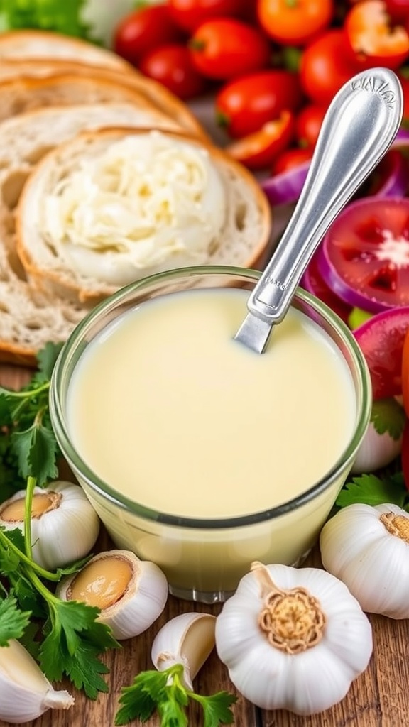 Creamy Garlic and Herb Sandwich Sauce Recipe A bowl of creamy garlic herb sauce with garlic and herbs, ready for sandwiches.
